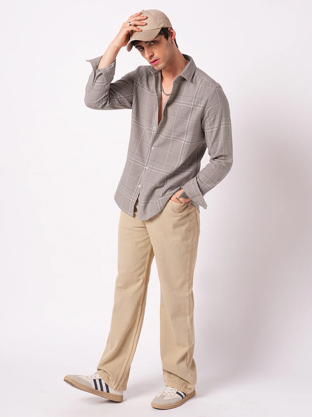 Elegant Taupe Brown Windowpane Checks Shirt - Image 7