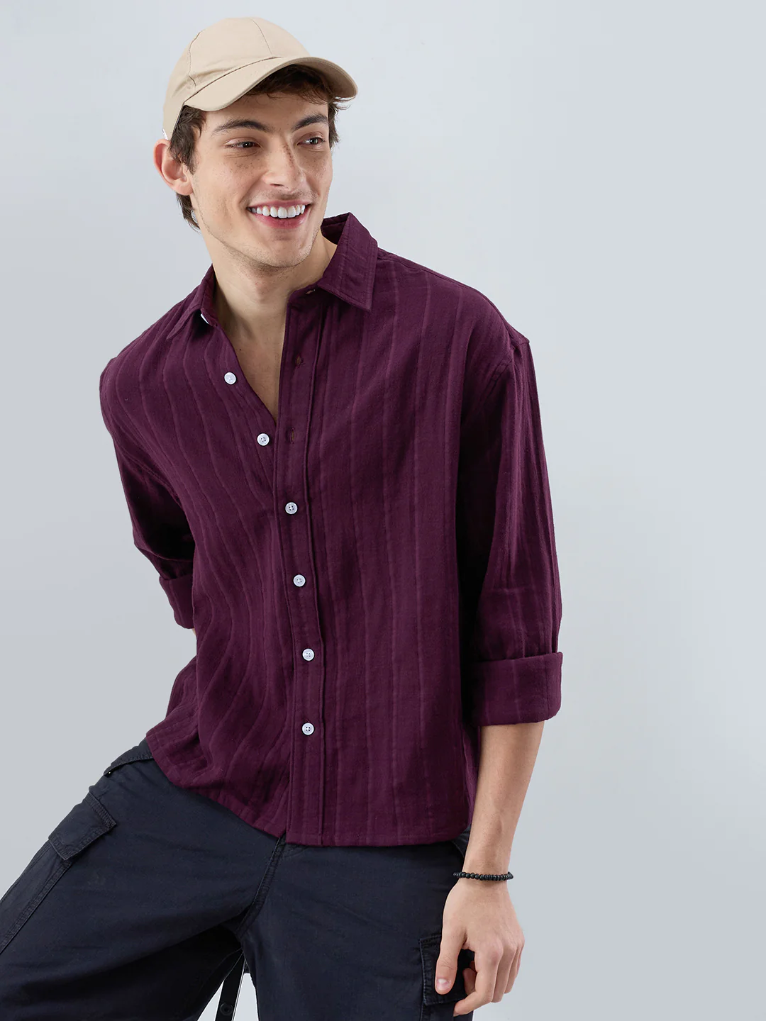 Elegant Wine Double Cloth Seersucker Striped Boxy Fit Crop Shirt - Image 2