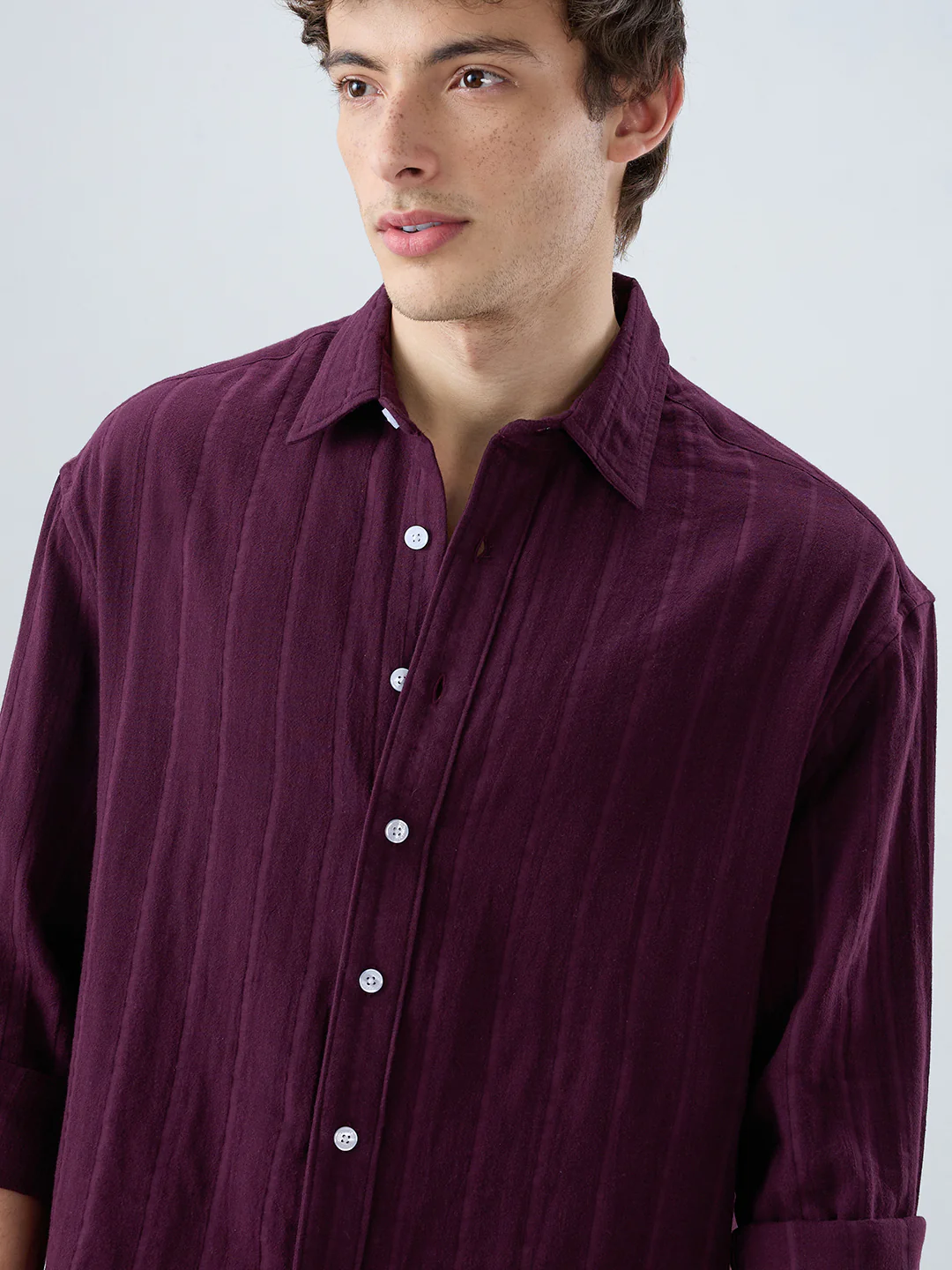 Elegant Wine Double Cloth Seersucker Striped Boxy Fit Crop Shirt - Image 3