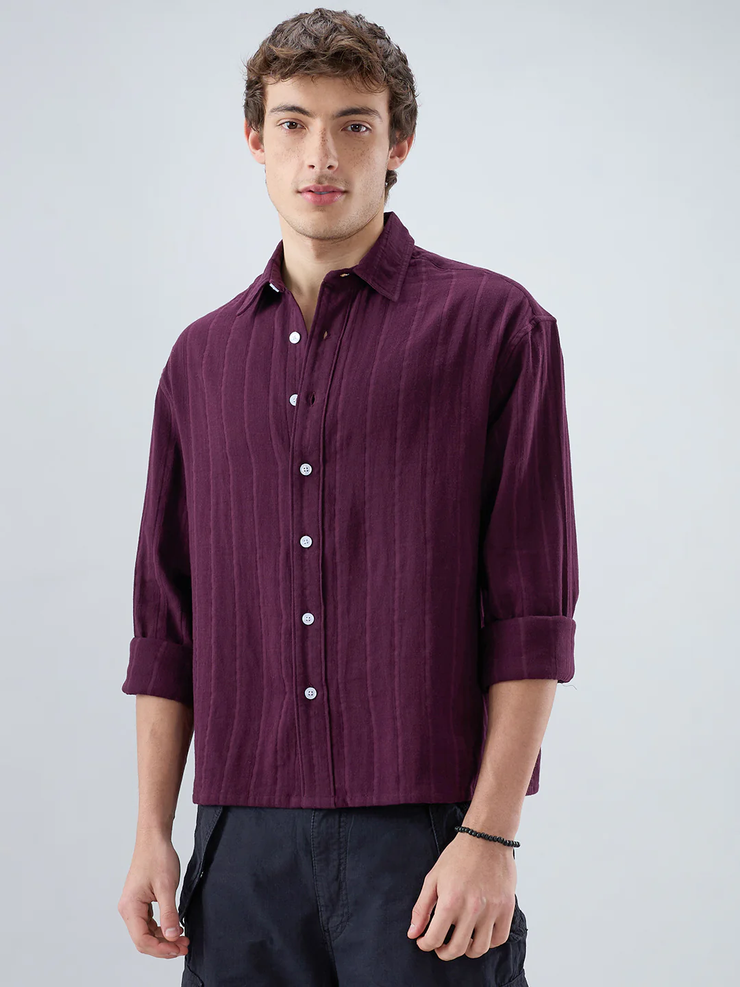 Elegant Wine Double Cloth Seersucker Striped Boxy Fit Crop Shirt - Image 4