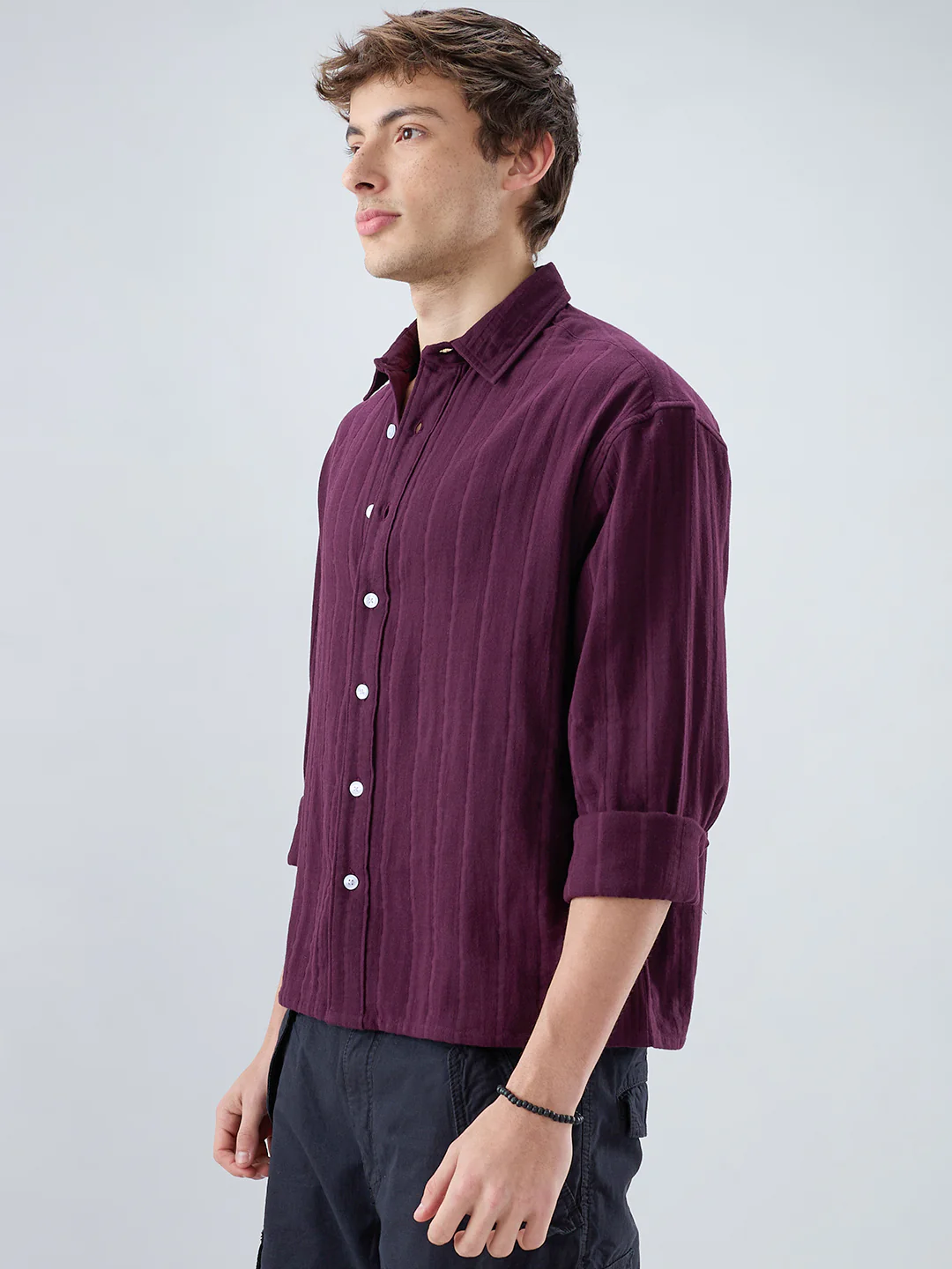 Elegant Wine Double Cloth Seersucker Striped Boxy Fit Crop Shirt - Image 5