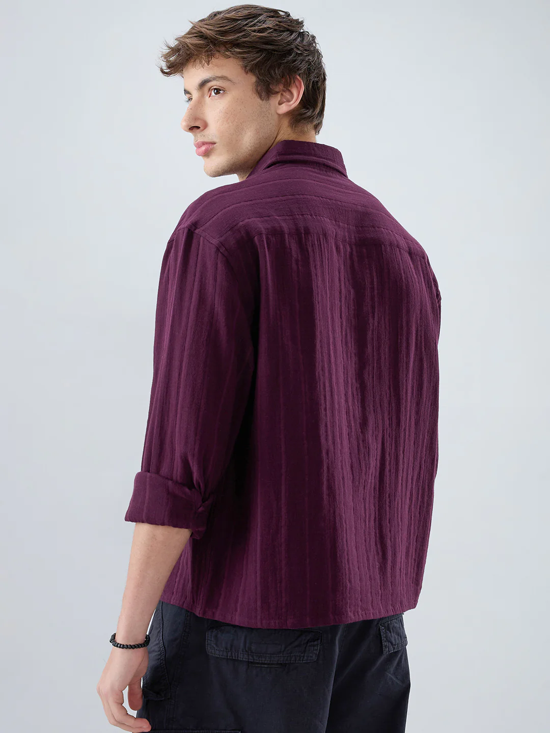 Elegant Wine Double Cloth Seersucker Striped Boxy Fit Crop Shirt - Image 6