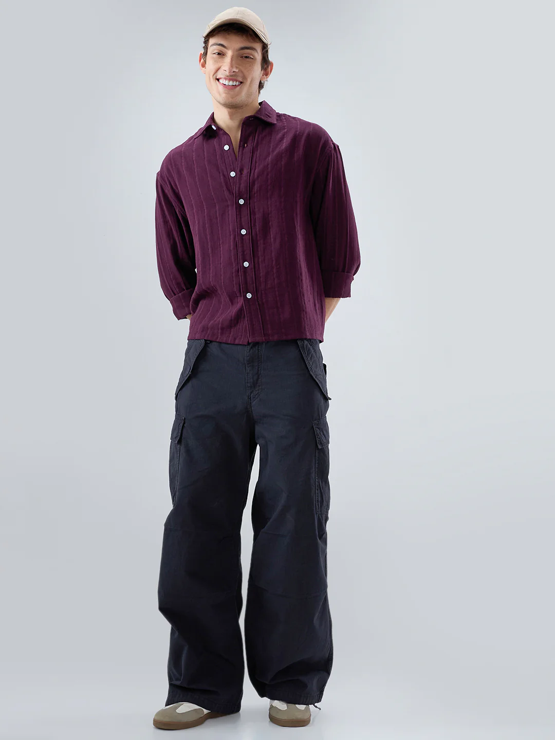 Elegant Wine Double Cloth Seersucker Striped Boxy Fit Crop Shirt - Image 7