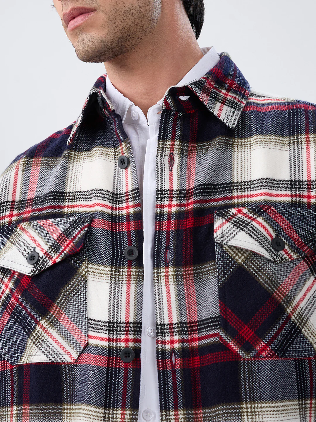 Elevated Crimson Black Winter Checks Double Pocket Flannel Shirt - Image 3