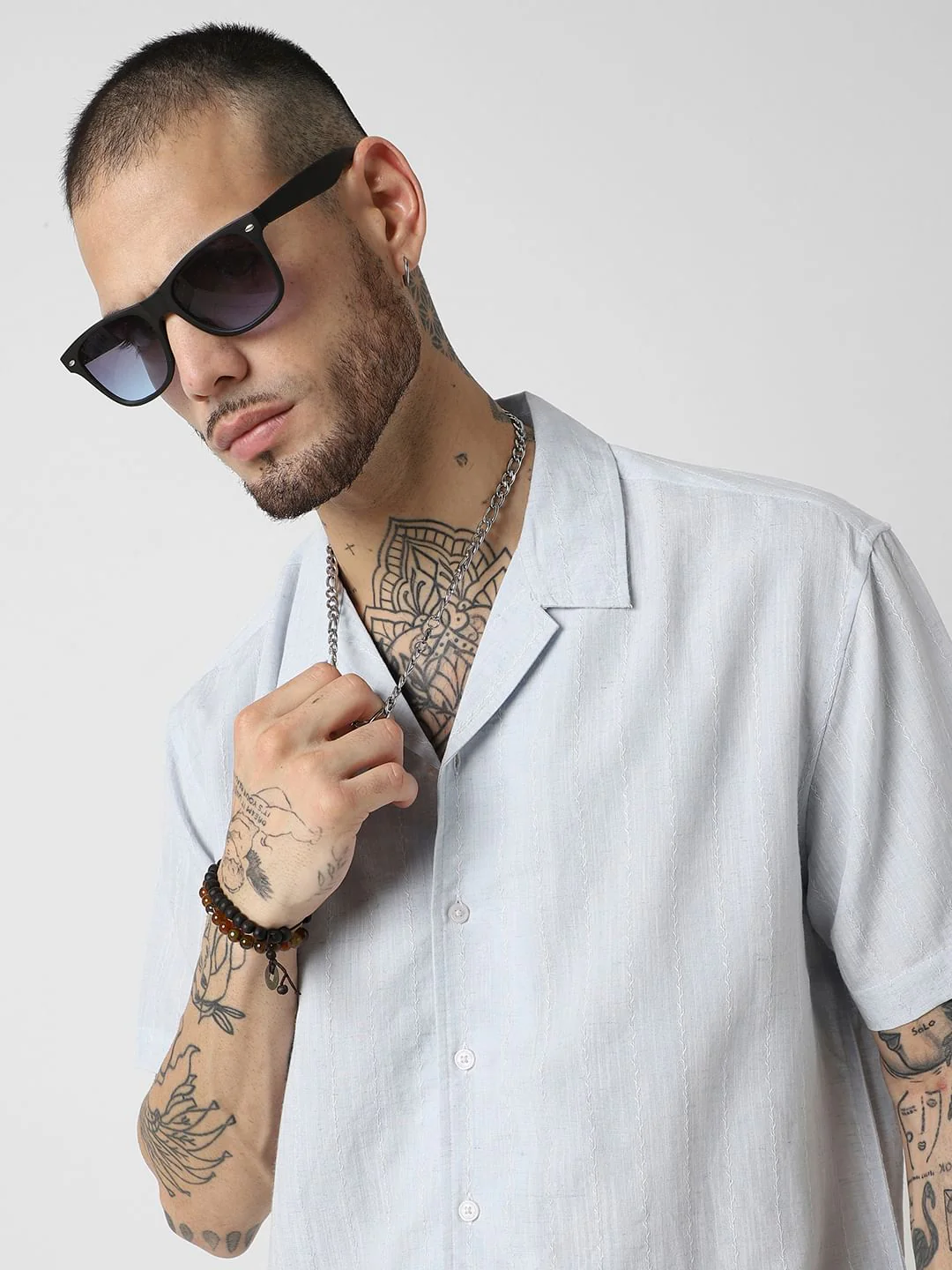 Embroidered Blue Resort Collar Oversized Shirt - Image 2