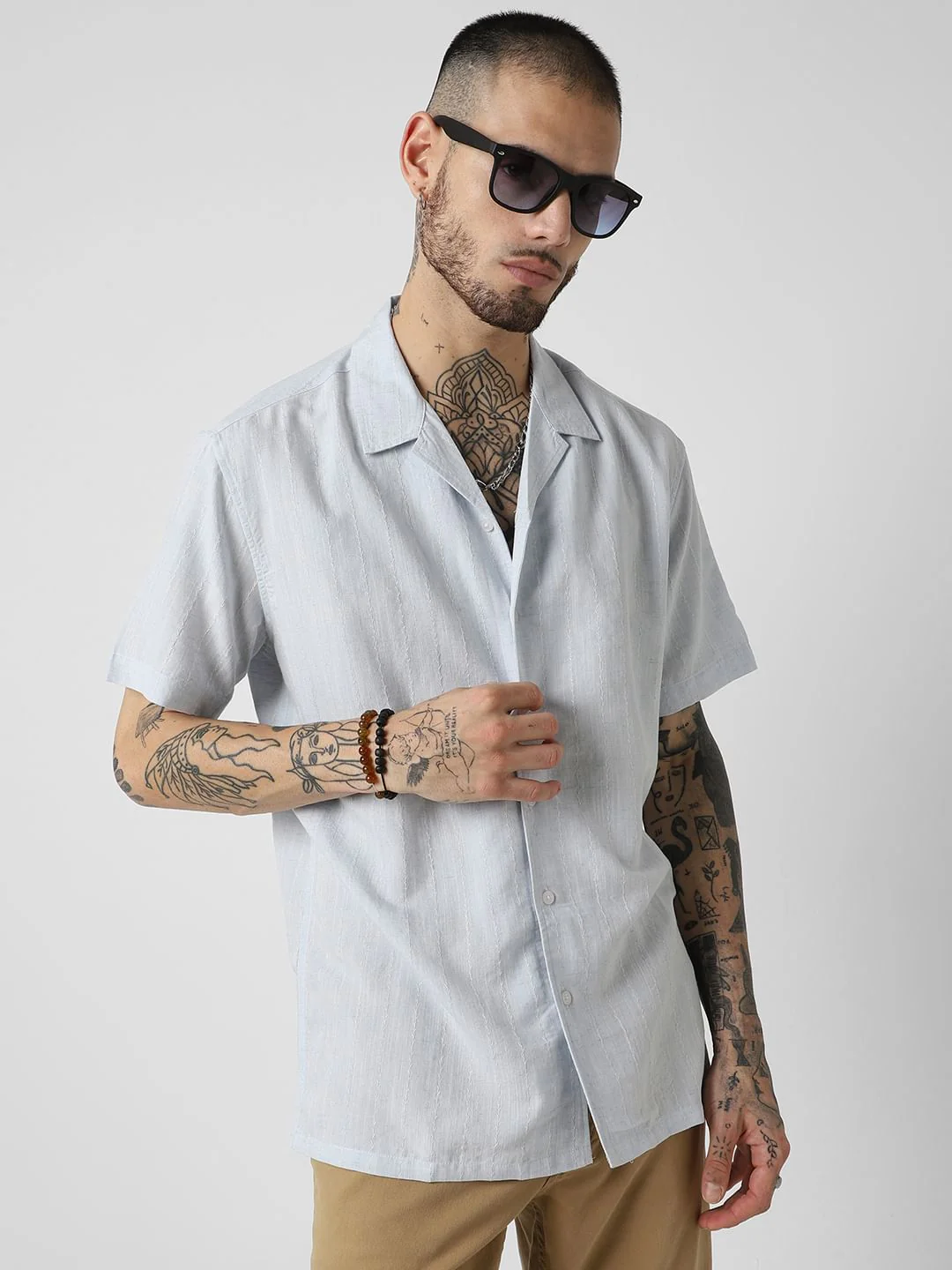 Embroidered Blue Resort Collar Oversized Shirt - Image 4