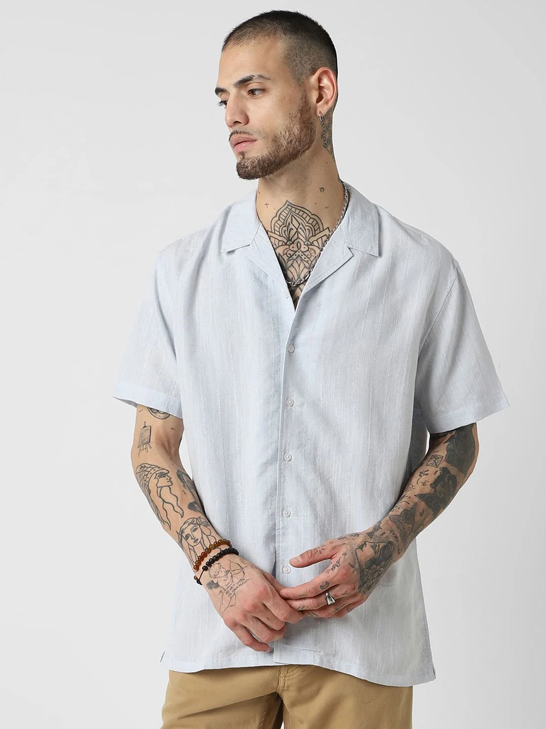 Embroidered Blue Resort Collar Oversized Shirt - Image 5