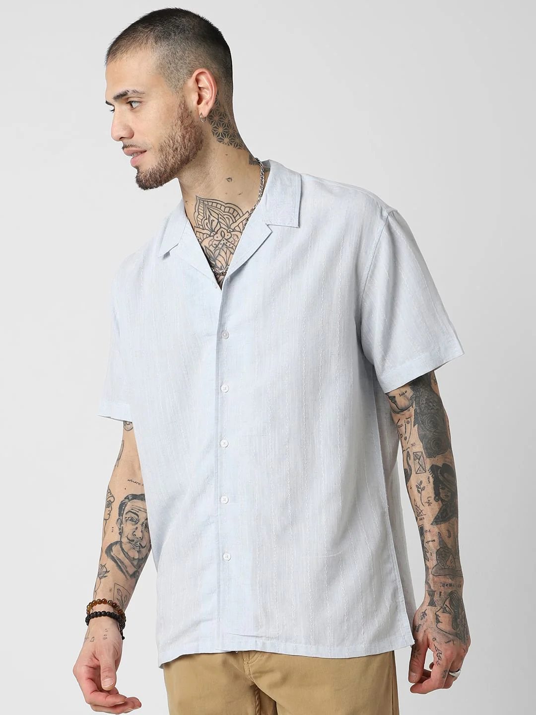 Embroidered Blue Resort Collar Oversized Shirt - Image 6