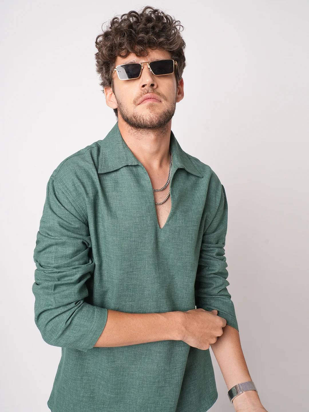 Emerald Green Chambray Oversized Polo Shirt - Image 2