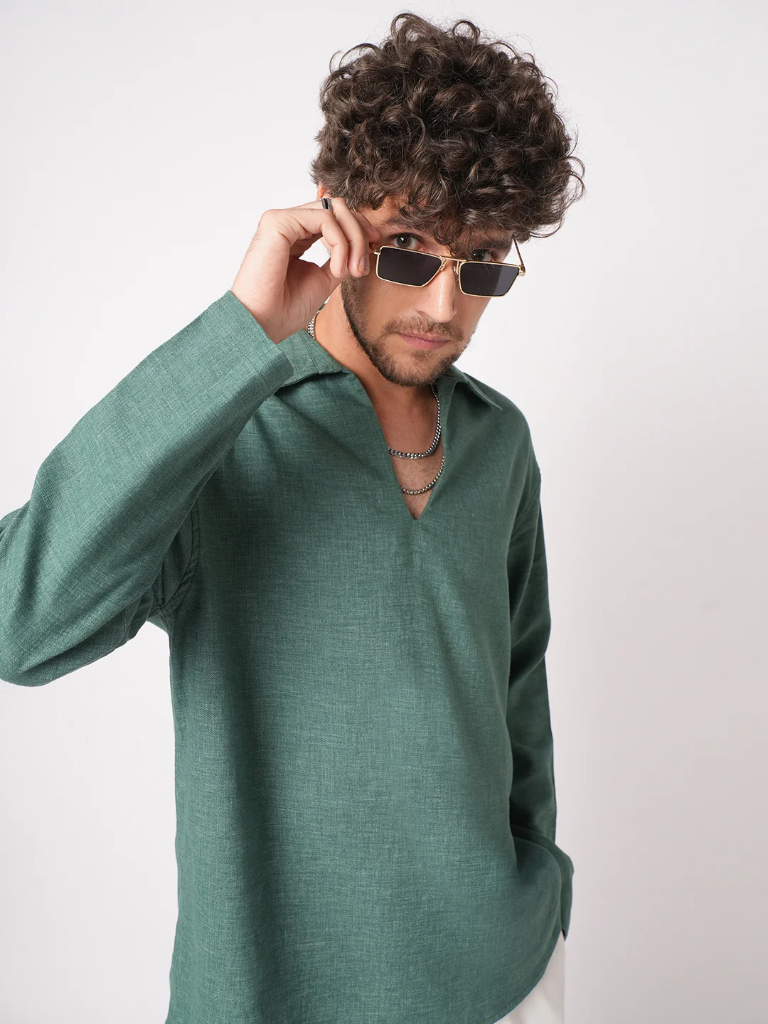 Emerald Green Chambray Oversized Polo Shirt - Image 4