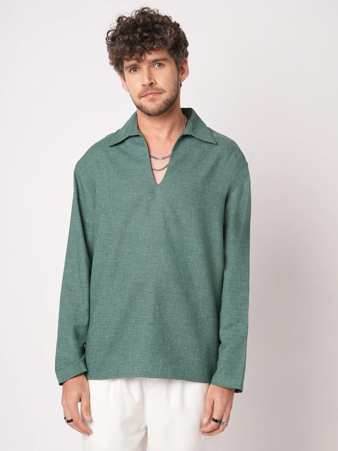 Emerald Green Chambray Oversized Polo Shirt - Image 5