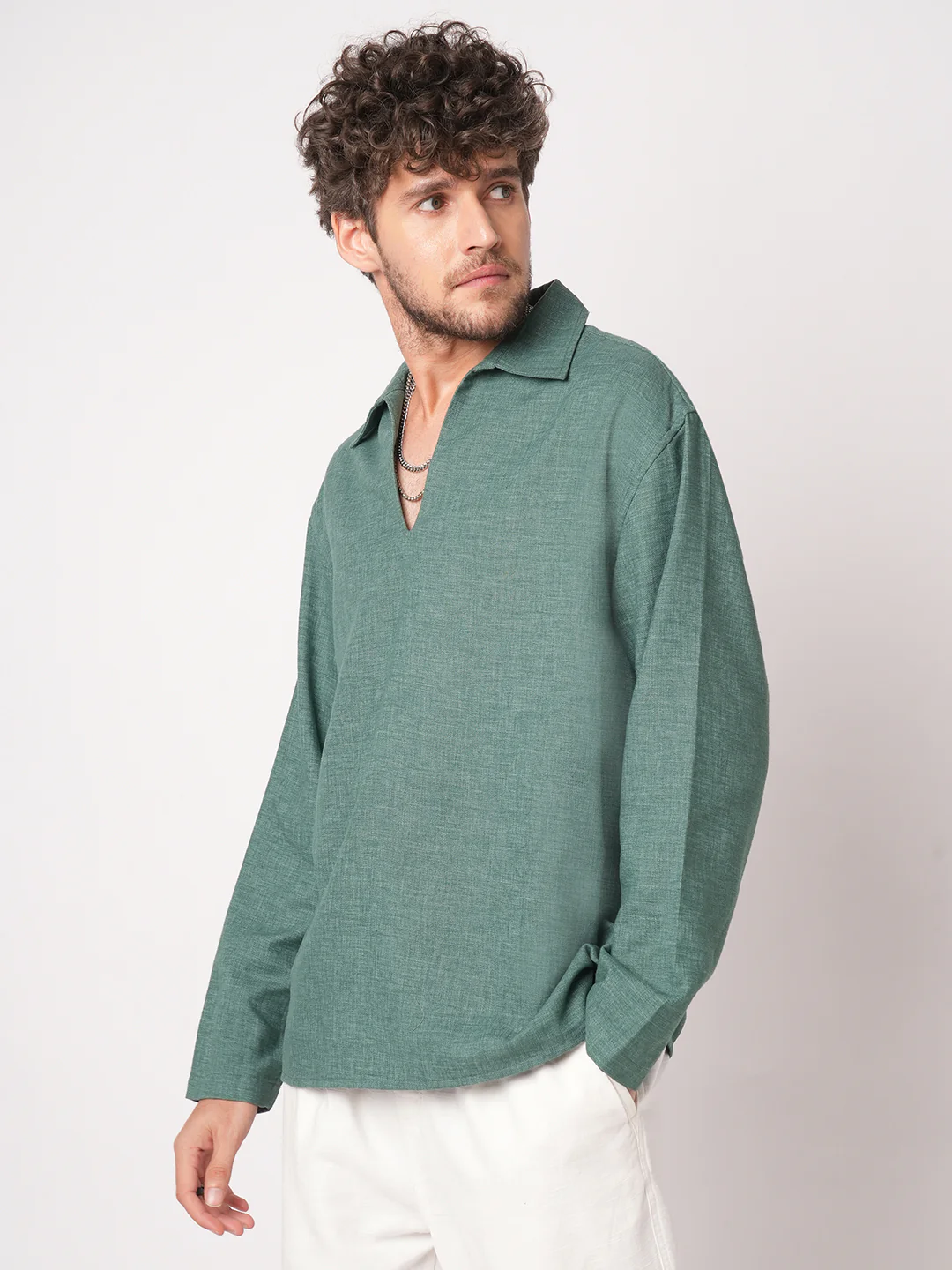 Emerald Green Chambray Oversized Polo Shirt - Image 6