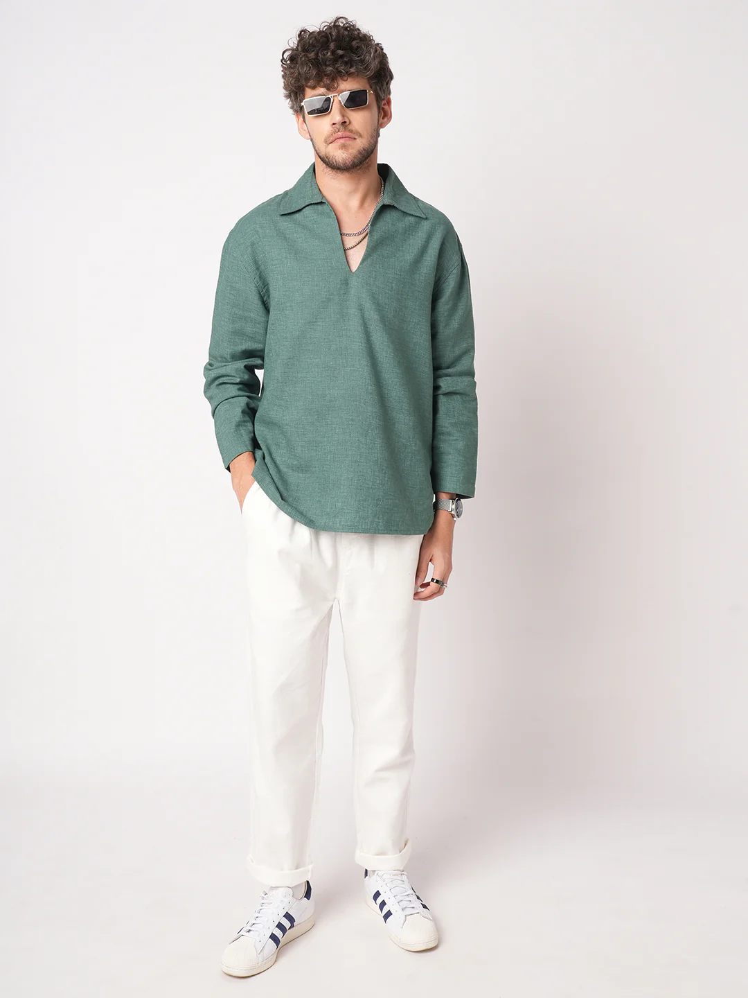 Emerald Green Chambray Oversized Polo Shirt - Image 8