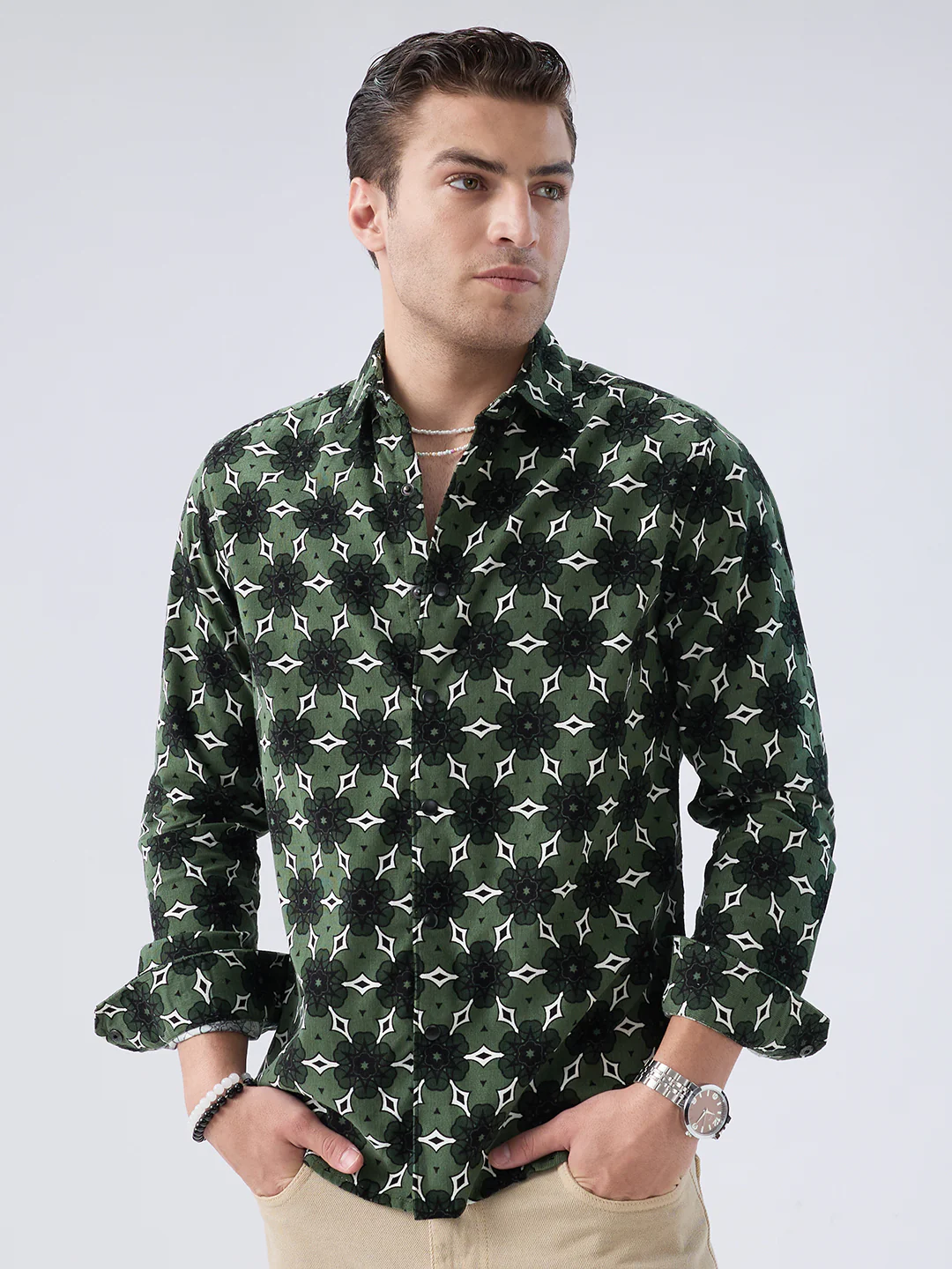 Emerald Green Floral Bloom Corduroy Shirt - Image 5