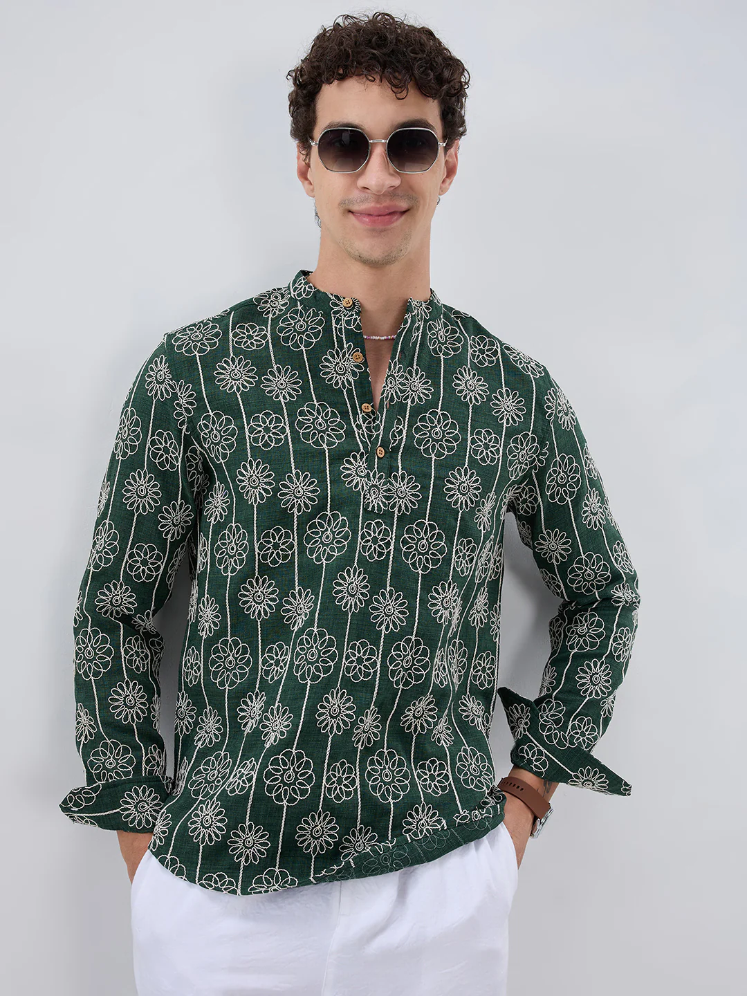 Emerald Green Floral Panel Embroidered Kurta - Image 2