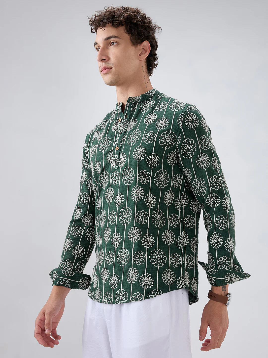 Emerald Green Floral Panel Embroidered Kurta - Image 5