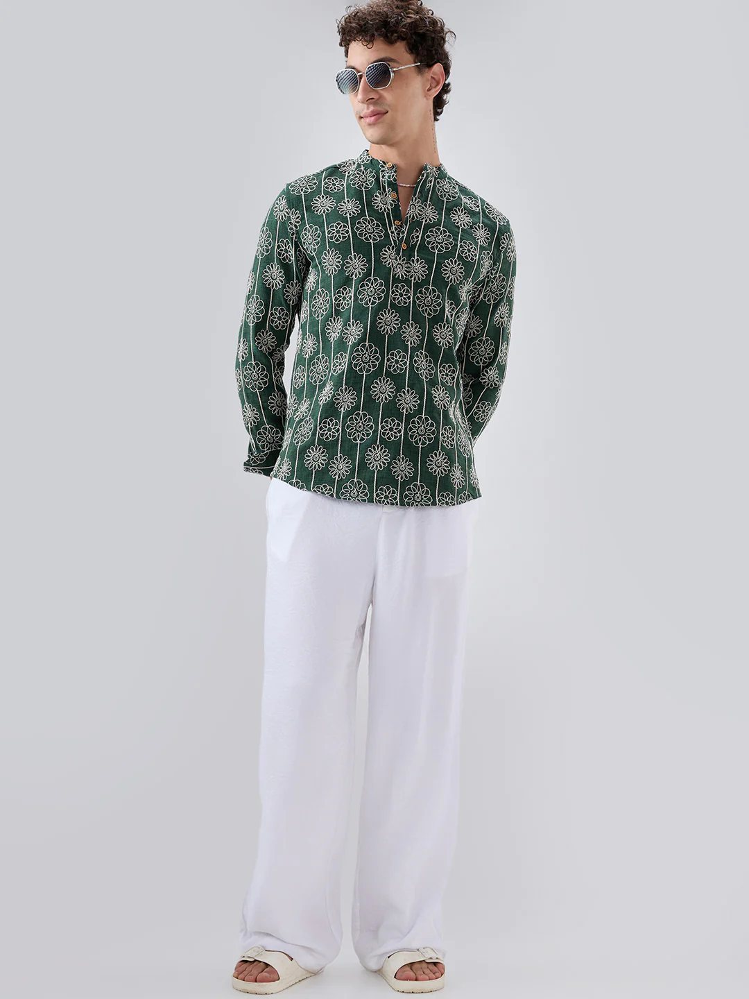 Emerald Green Floral Panel Embroidered Kurta - Image 7