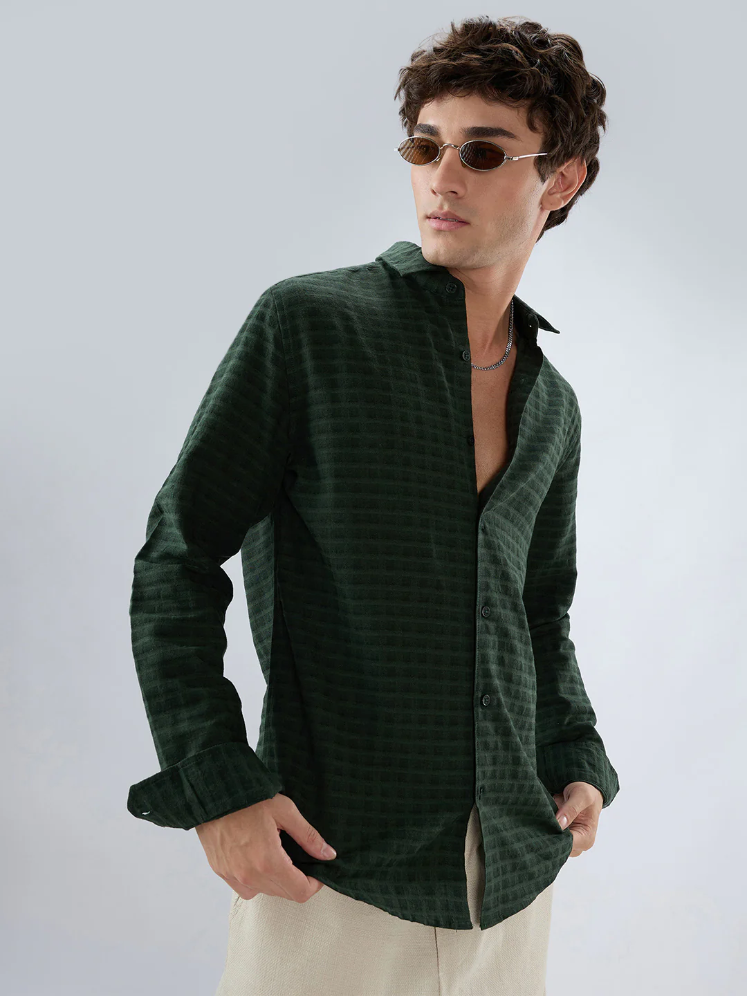 Emerald Green Horizontal Jacquard Striped Shirt - Image 2
