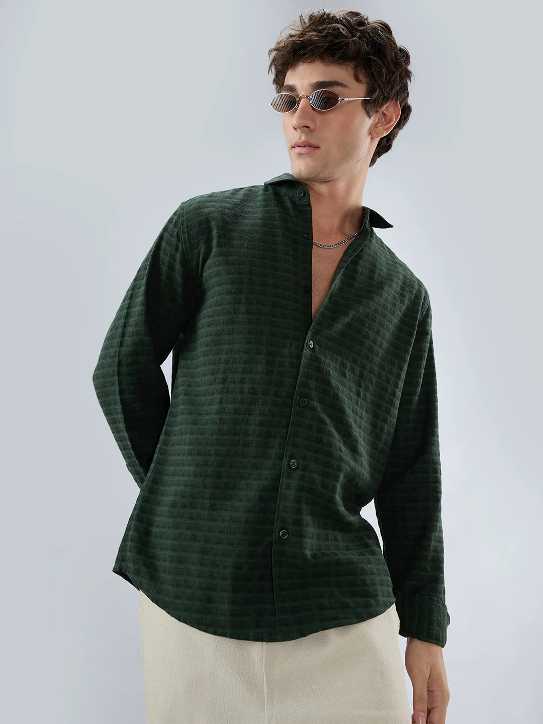 Emerald Green Horizontal Jacquard Striped Shirt - Image 4