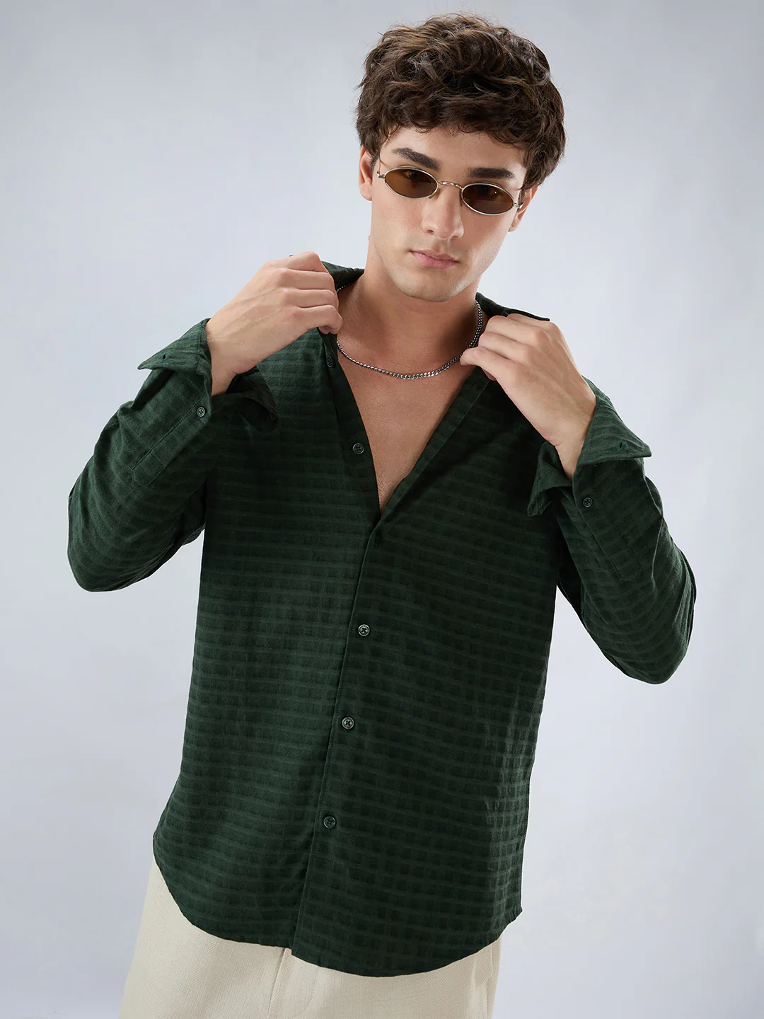 Emerald Green Horizontal Jacquard Striped Shirt - Image 5