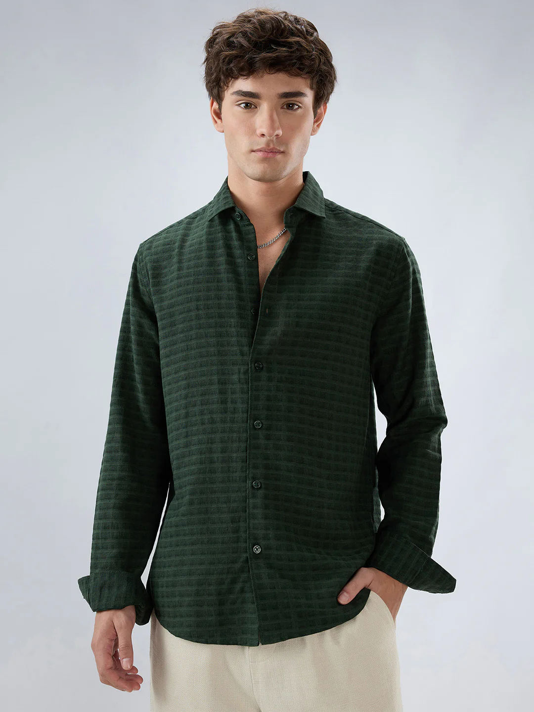 Emerald Green Horizontal Jacquard Striped Shirt - Image 6