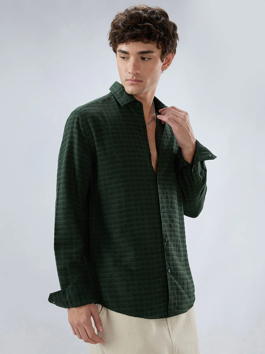 Emerald Green Horizontal Jacquard Striped Shirt - Image 7