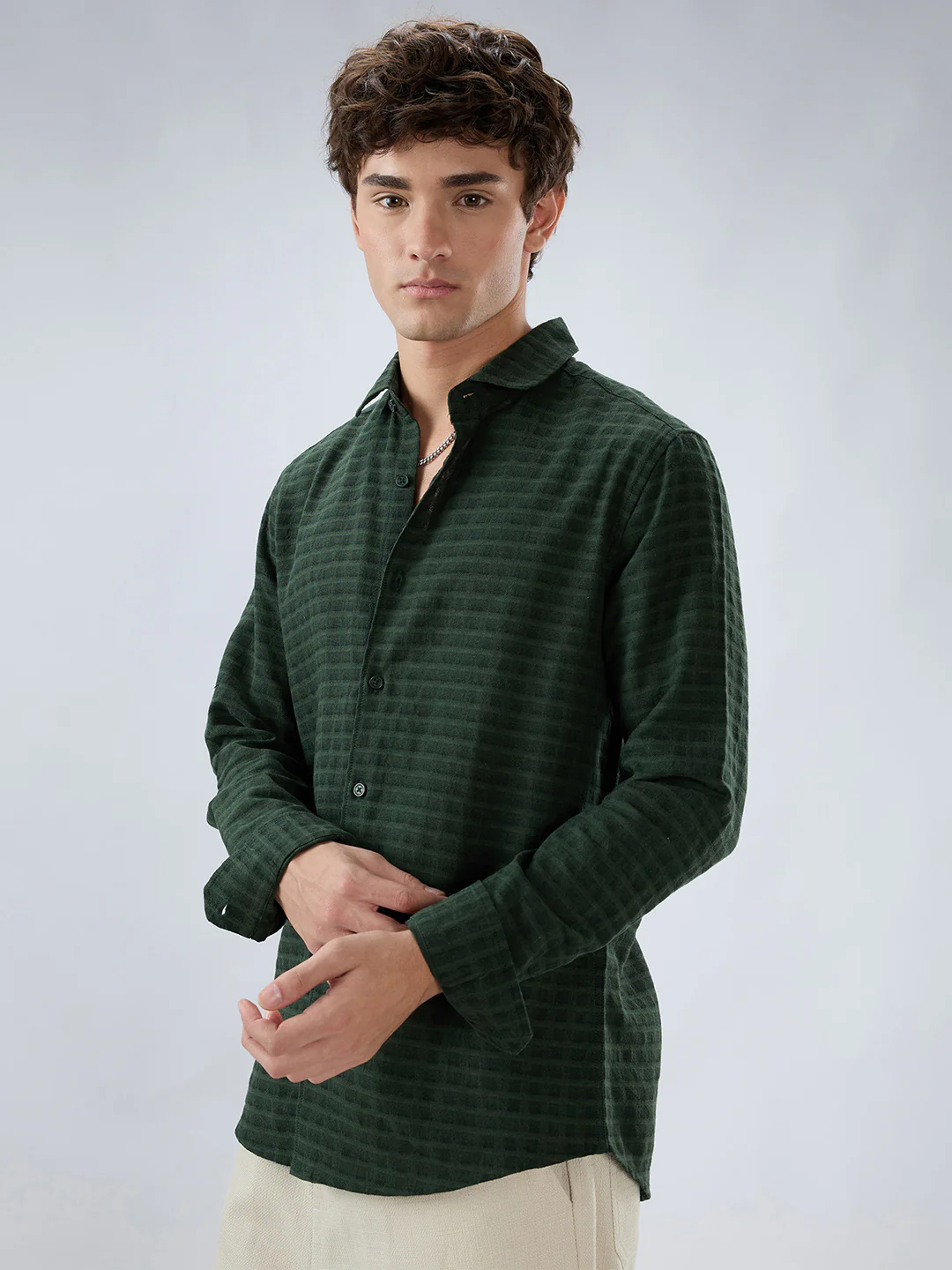 Emerald Green Horizontal Jacquard Striped Shirt - Image 8