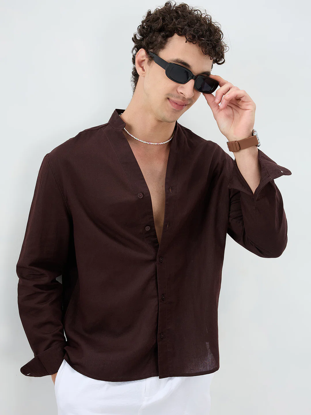 Espresso Brown Linen Blend Stand Collar Oversized Shirt - Image 2