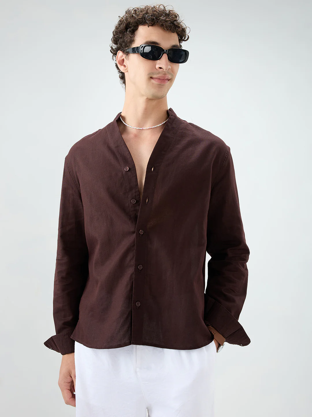 Espresso Brown Linen Blend Stand Collar Oversized Shirt - Image 4