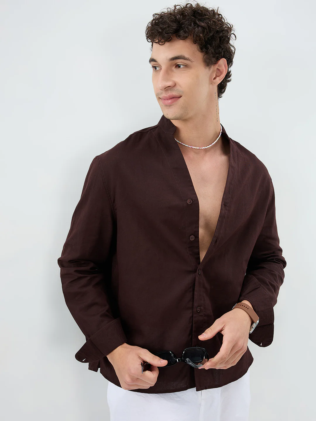 Espresso Brown Linen Blend Stand Collar Oversized Shirt - Image 5