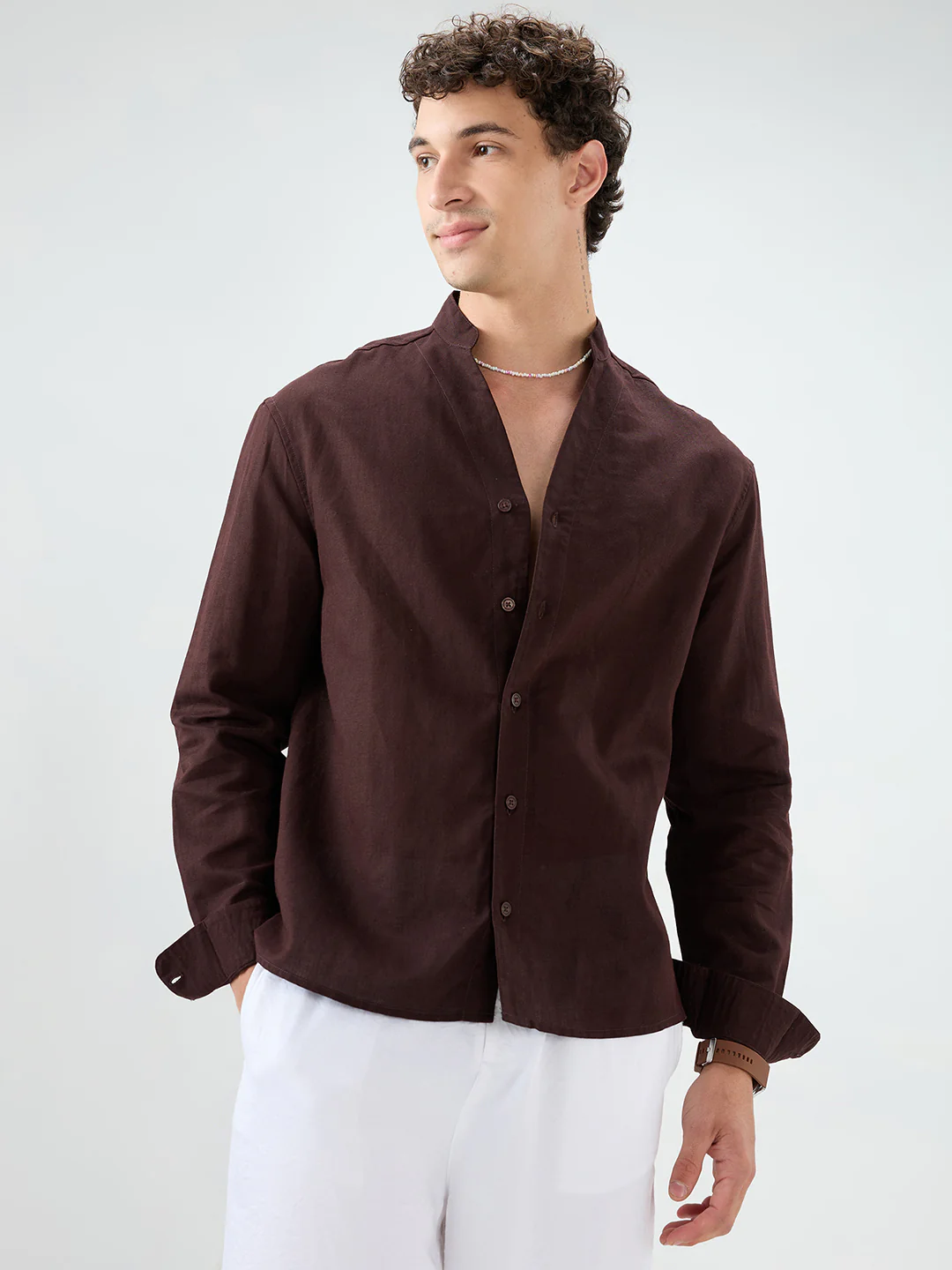 Espresso Brown Linen Blend Stand Collar Oversized Shirt - Image 6