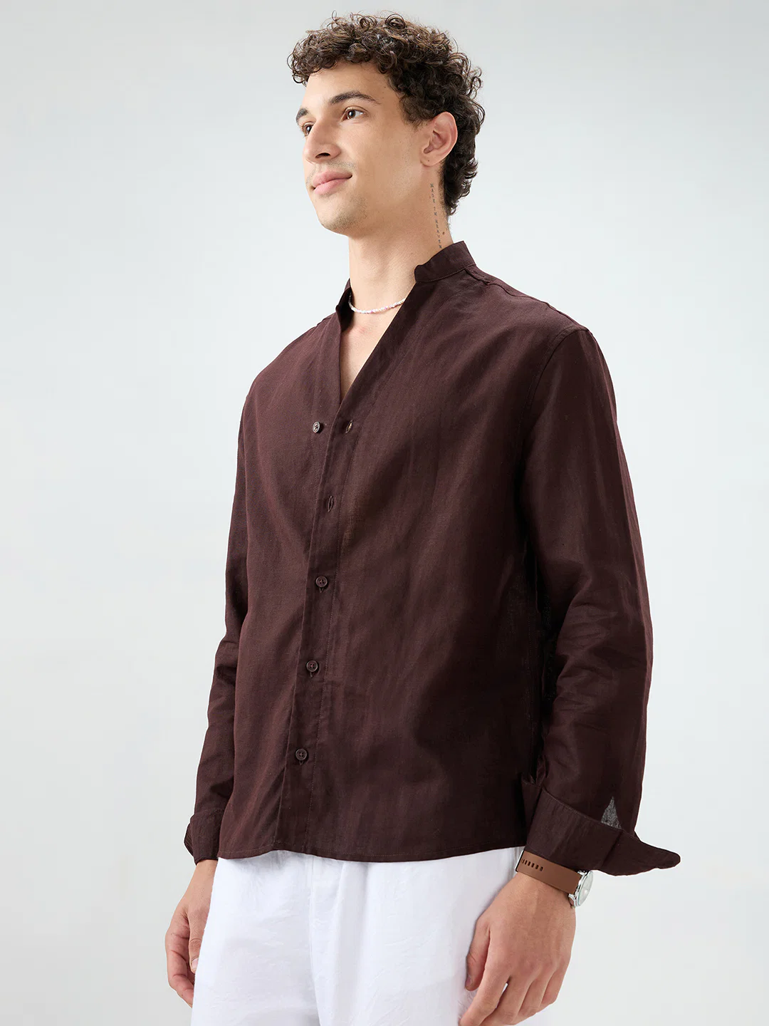 Espresso Brown Linen Blend Stand Collar Oversized Shirt - Image 7