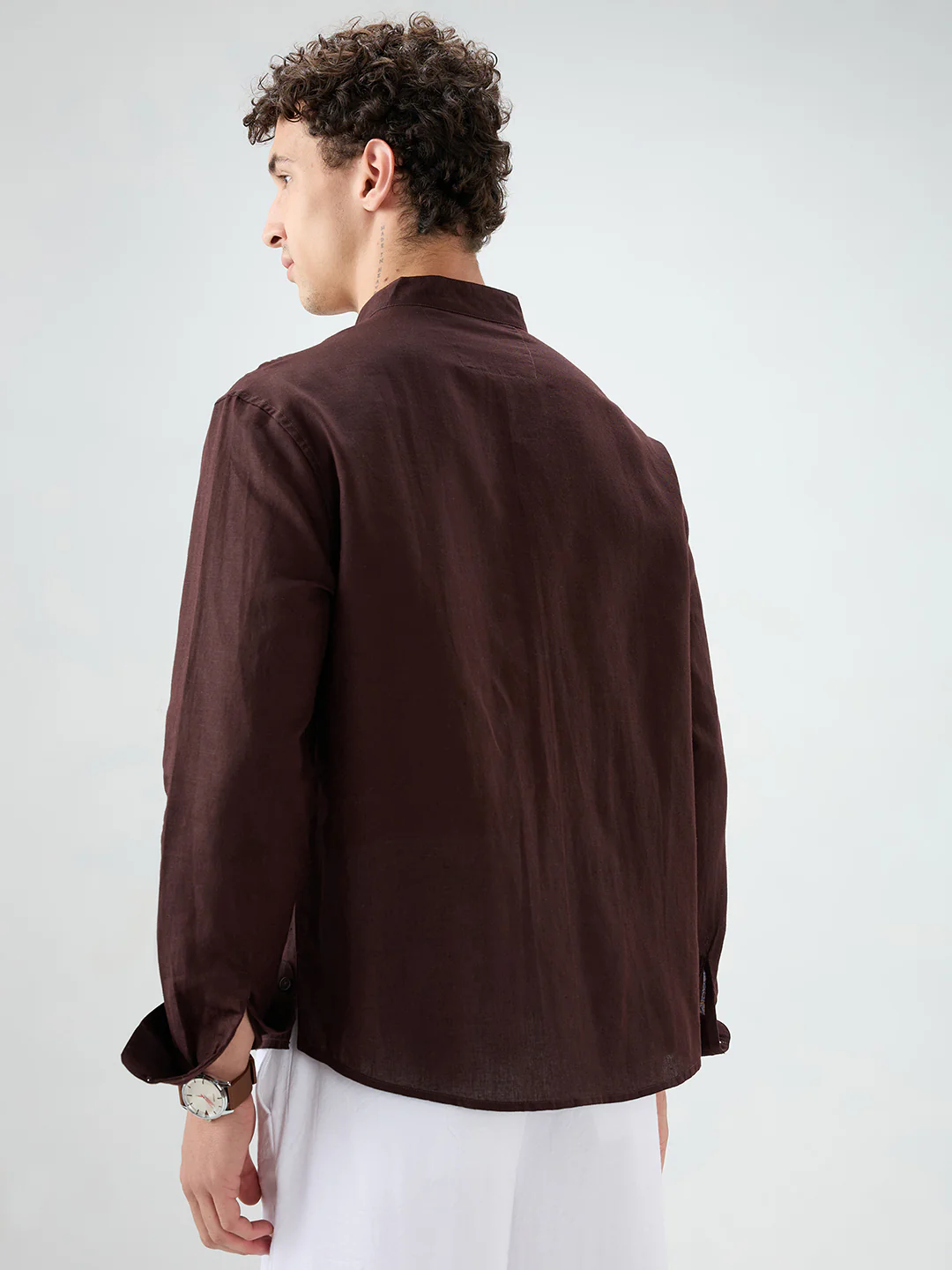 Espresso Brown Linen Blend Stand Collar Oversized Shirt - Image 8