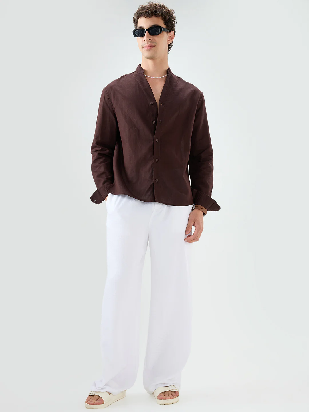 Espresso Brown Linen Blend Stand Collar Oversized Shirt - Image 9