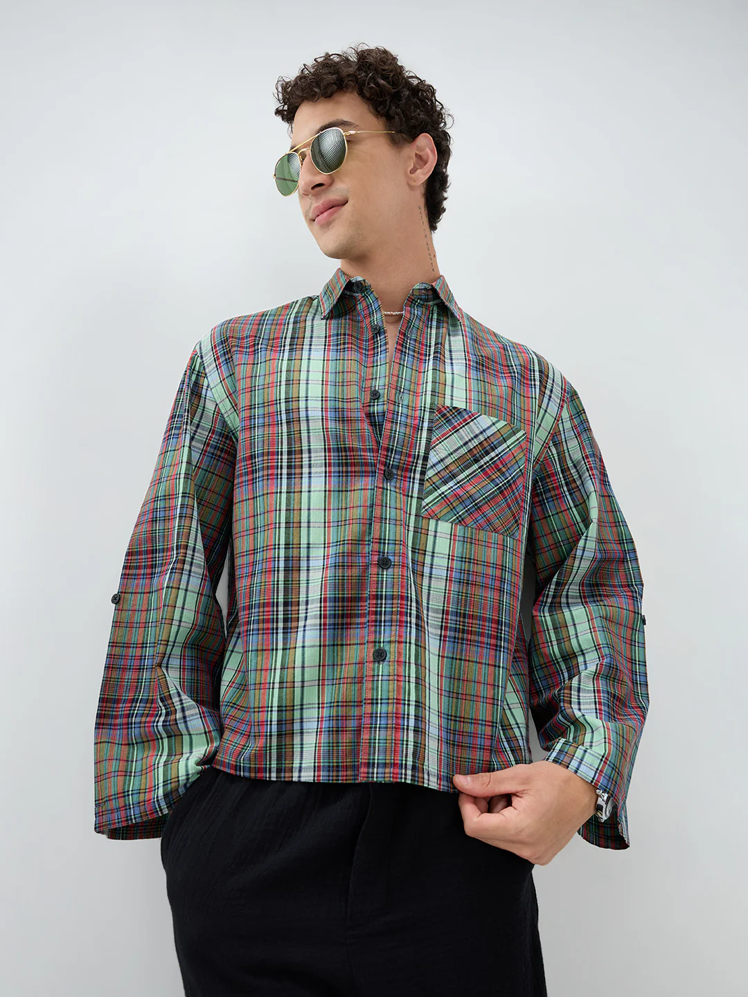 Evergreen Multi Stripe Fusion Checks Cuffless Oversized Crop Shirt - Image 2