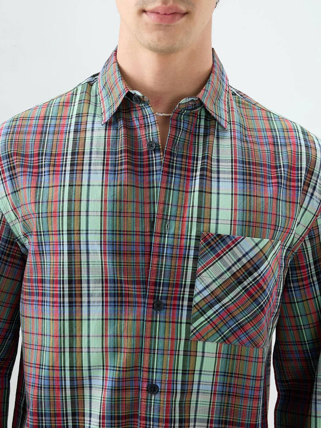 Evergreen Multi Stripe Fusion Checks Cuffless Oversized Crop Shirt - Image 3