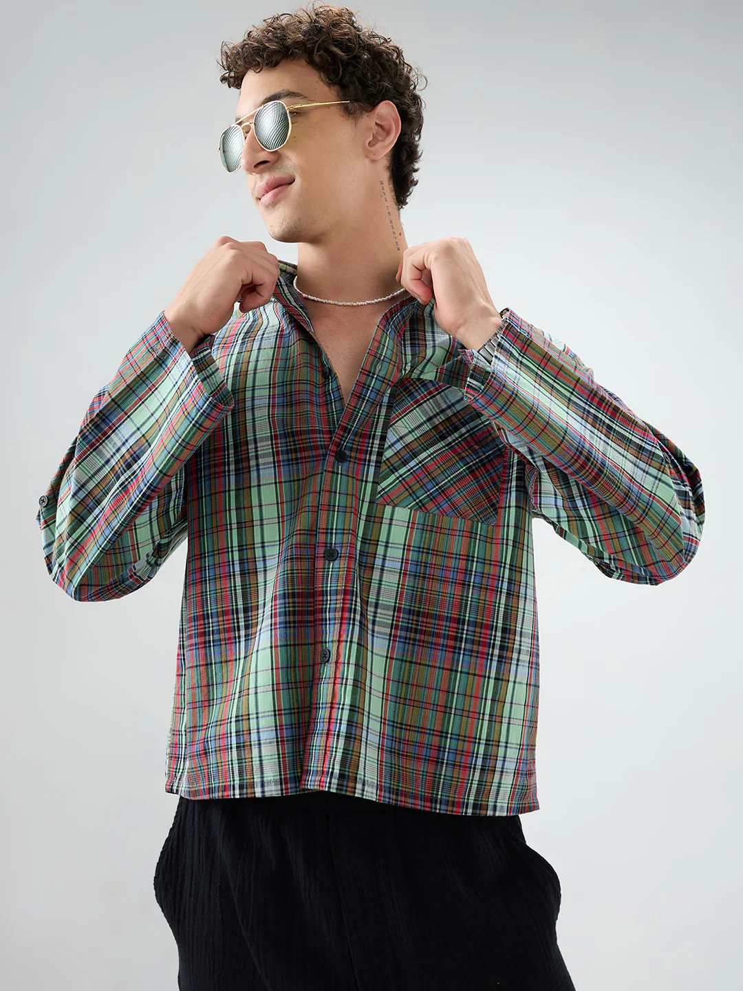 Evergreen Multi Stripe Fusion Checks Cuffless Oversized Crop Shirt - Image 4
