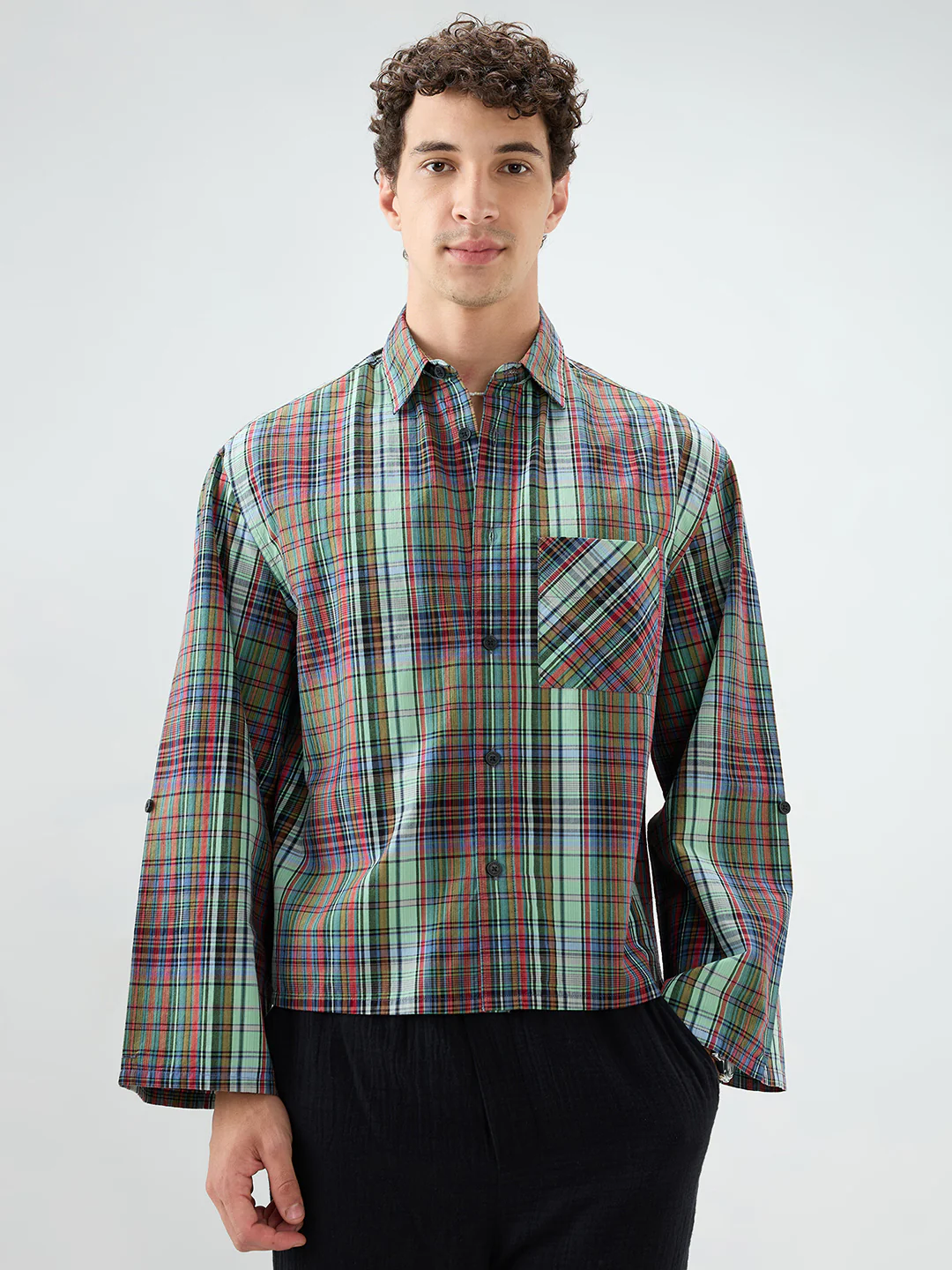 Evergreen Multi Stripe Fusion Checks Cuffless Oversized Crop Shirt - Image 5