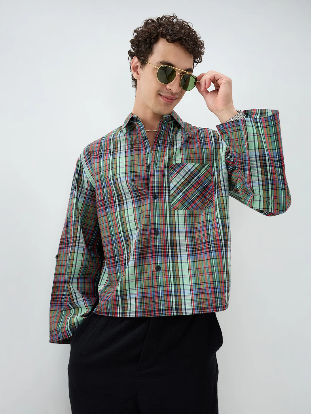 Evergreen Multi Stripe Fusion Checks Cuffless Oversized Crop Shirt - Image 6