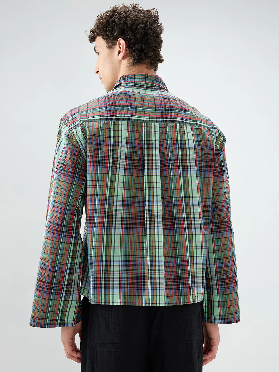 Evergreen Multi Stripe Fusion Checks Cuffless Oversized Crop Shirt - Image 7