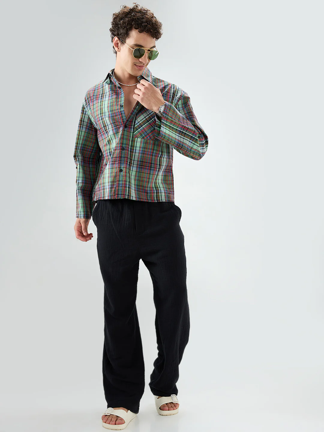 Evergreen Multi Stripe Fusion Checks Cuffless Oversized Crop Shirt - Image 8