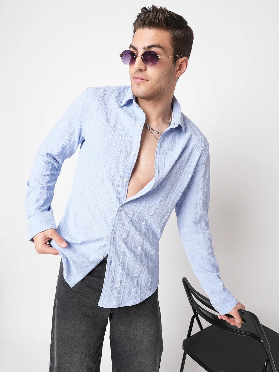 Exquisite Baby Blue Jacquard Shirt - Image 4