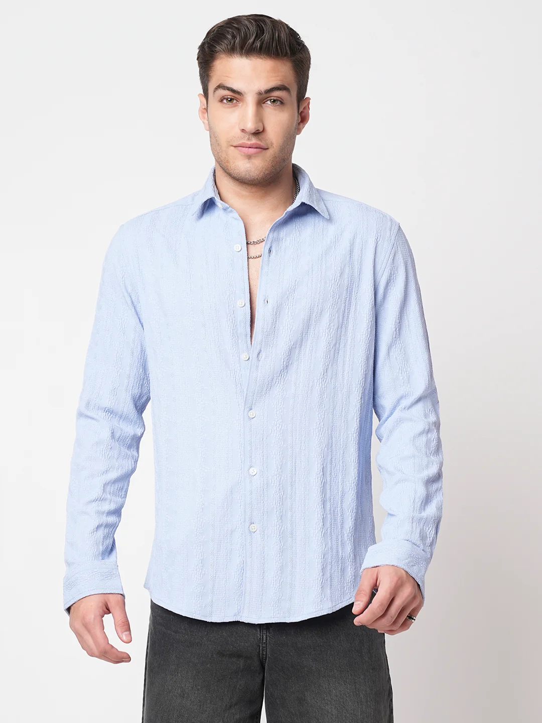 Exquisite Baby Blue Jacquard Shirt - Image 5