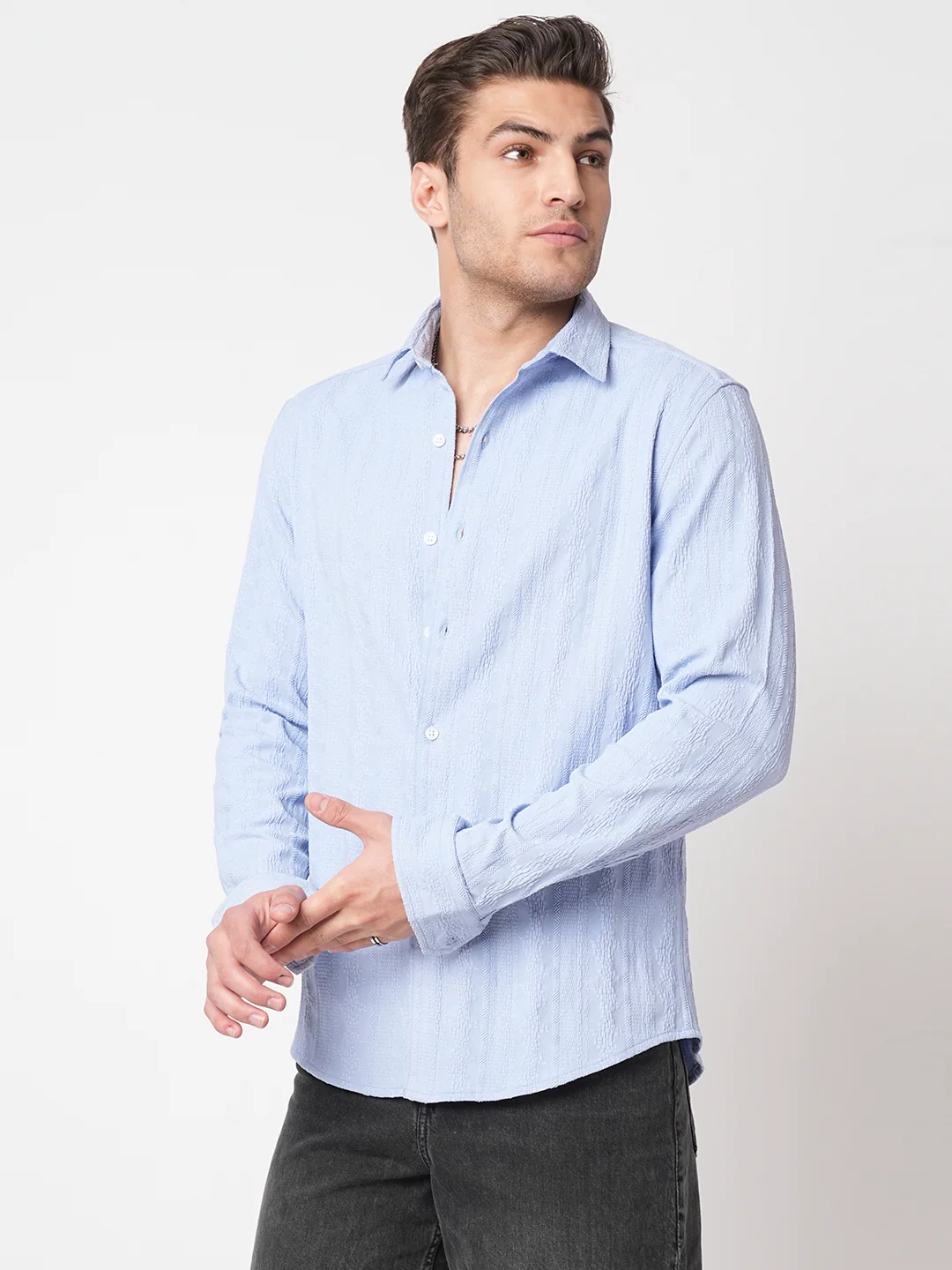 Exquisite Baby Blue Jacquard Shirt - Image 6