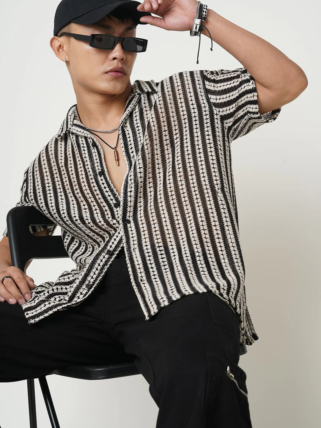 Exquisite Black Crochet Striped Oversized Shirt - Image 2