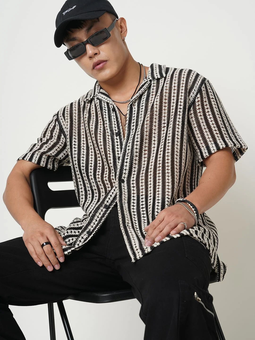 Exquisite Black Crochet Striped Oversized Shirt - Image 4