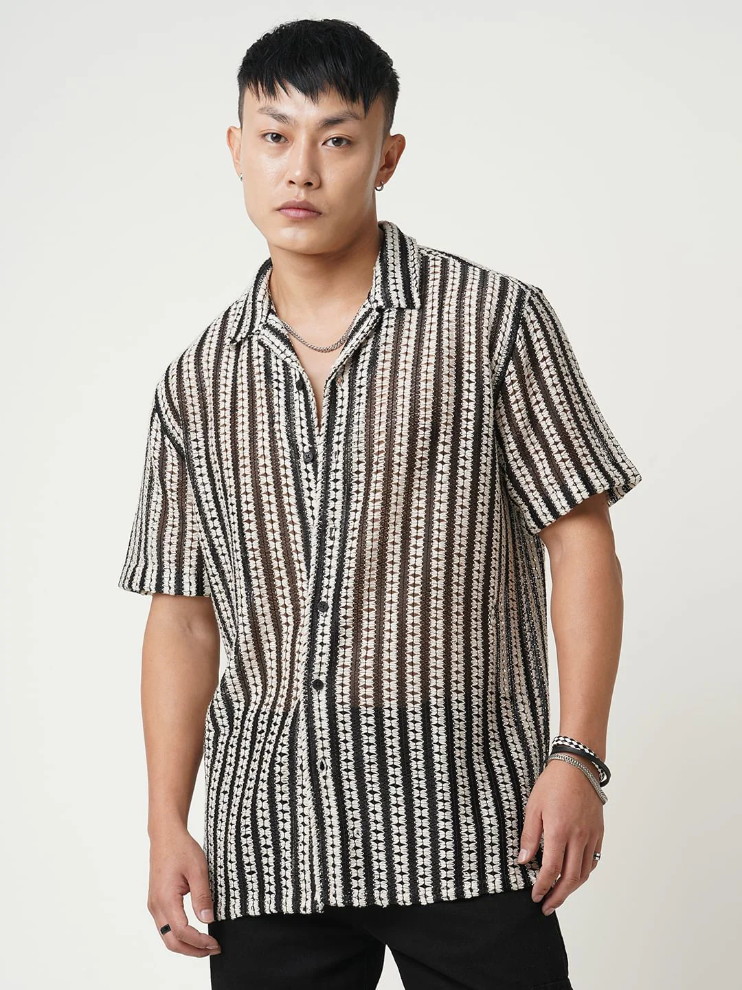 Exquisite Black Crochet Striped Oversized Shirt - Image 5