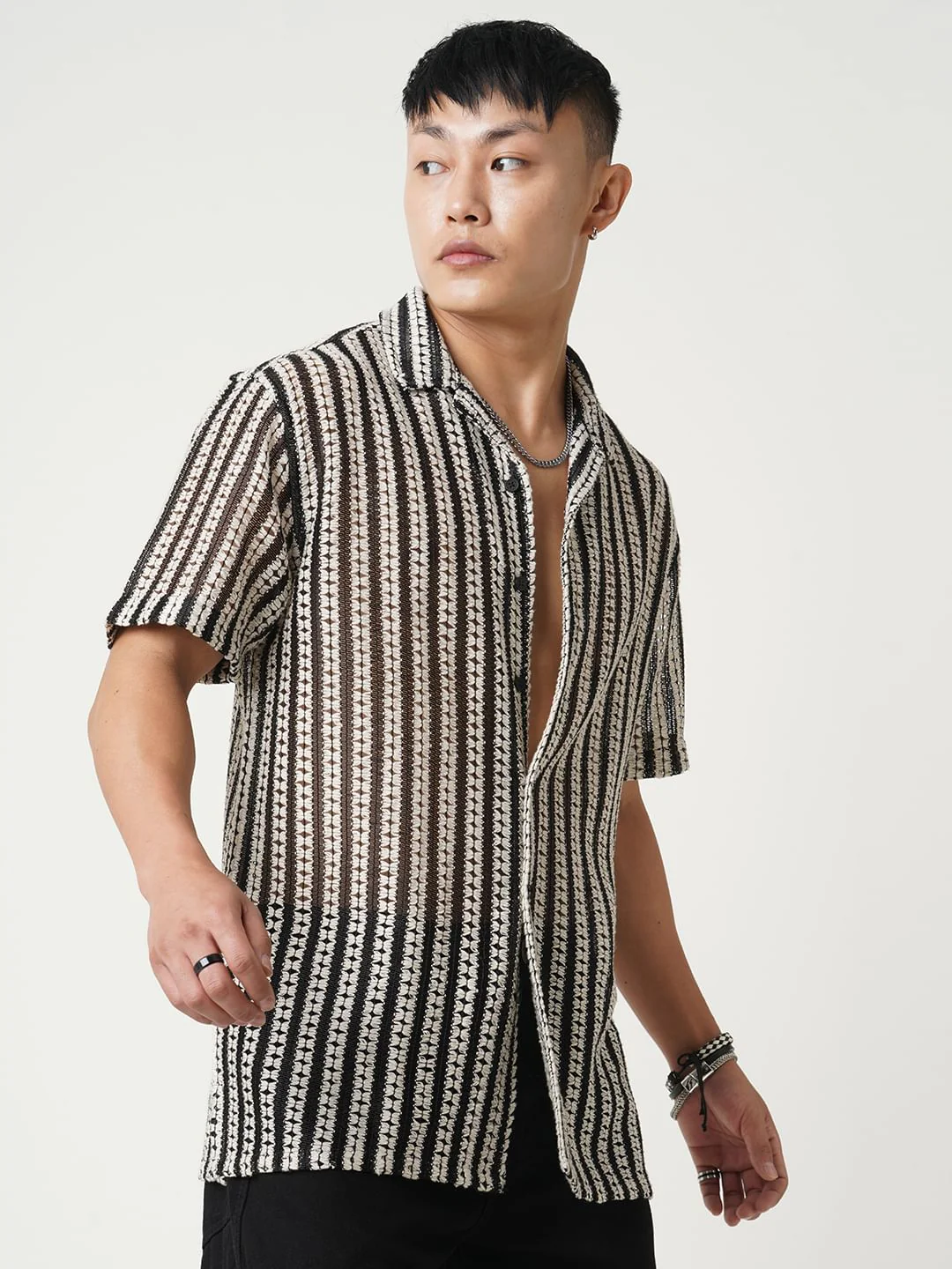 Exquisite Black Crochet Striped Oversized Shirt - Image 6