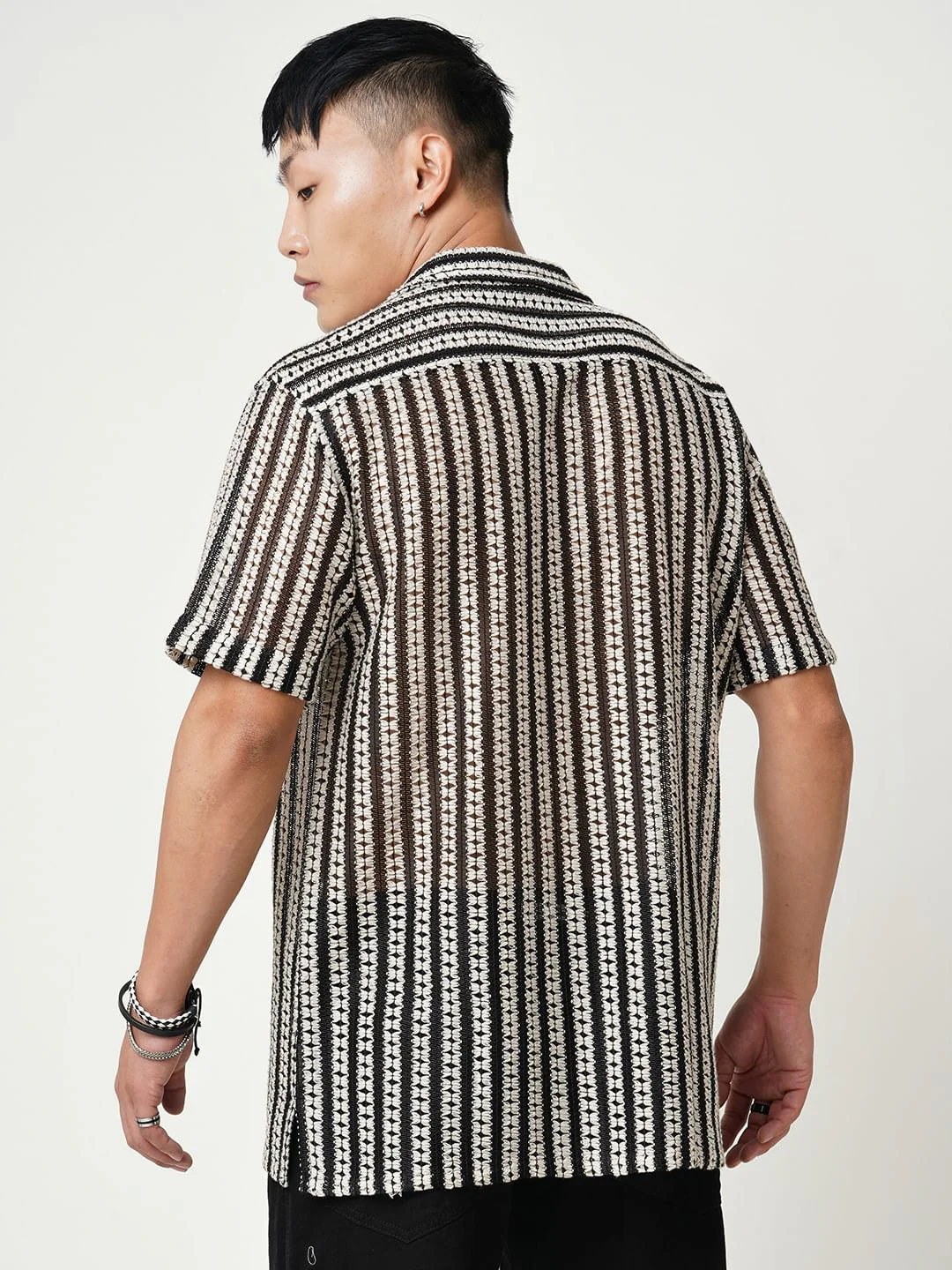 Exquisite Black Crochet Striped Oversized Shirt - Image 7