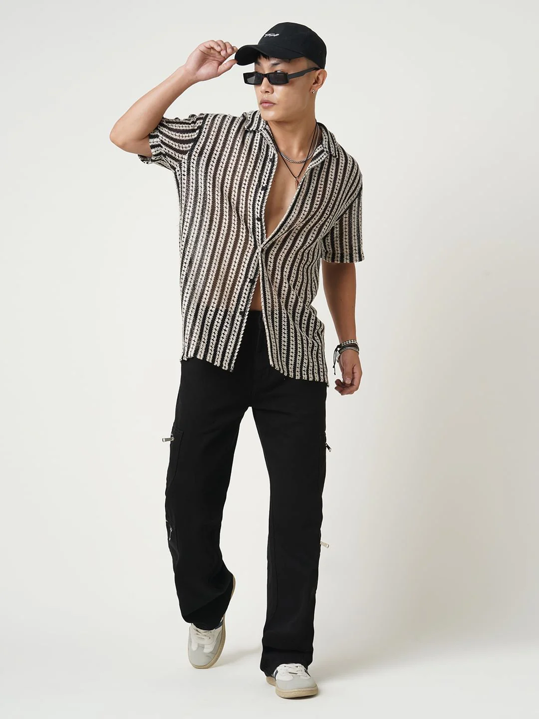 Exquisite Black Crochet Striped Oversized Shirt - Image 8